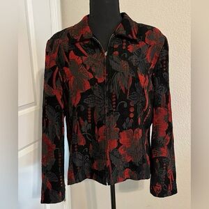 Christopher & Banks SZ L Black w/Red Floral Design Short Zip Up Jacket Tapestry